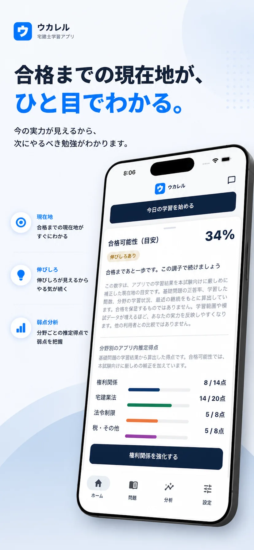 合格可能性・現在地を表示する画面。